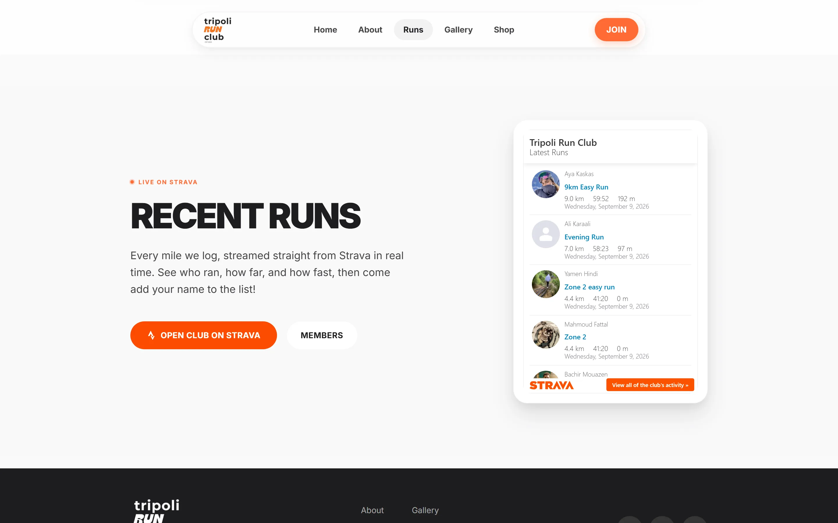 Tripoli Run Club recent runs panel built from live Strava activity