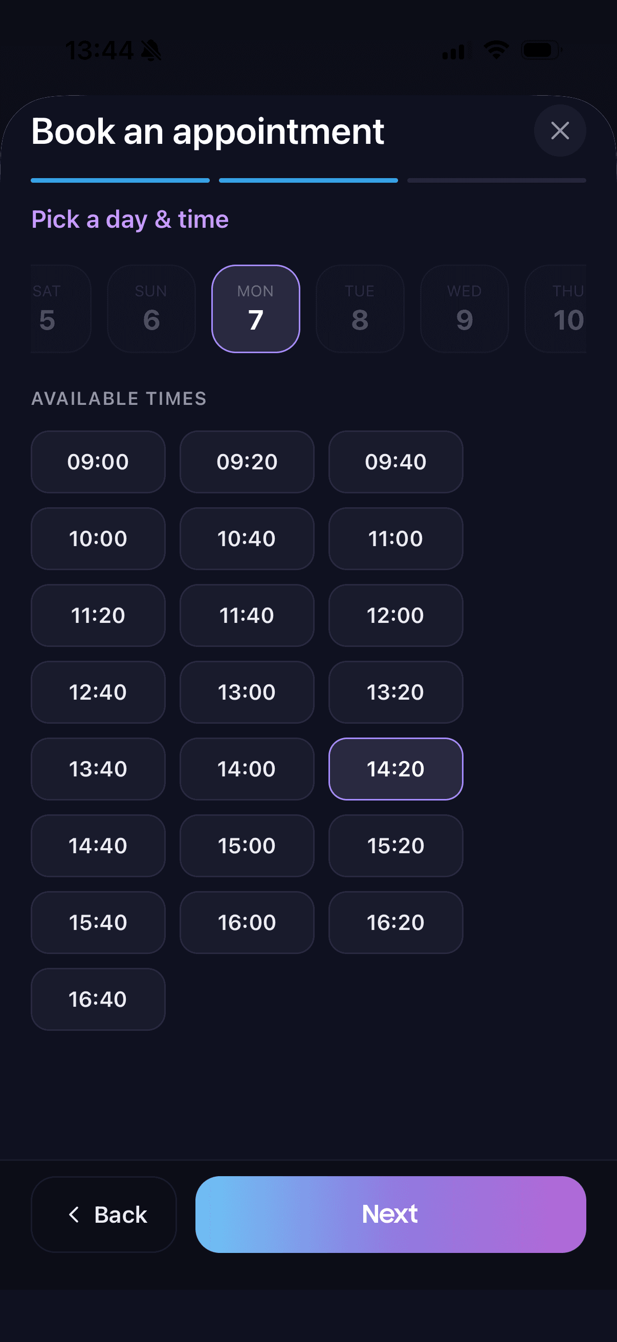 REGAIN patient app booking screen showing available appointment times for a chosen day