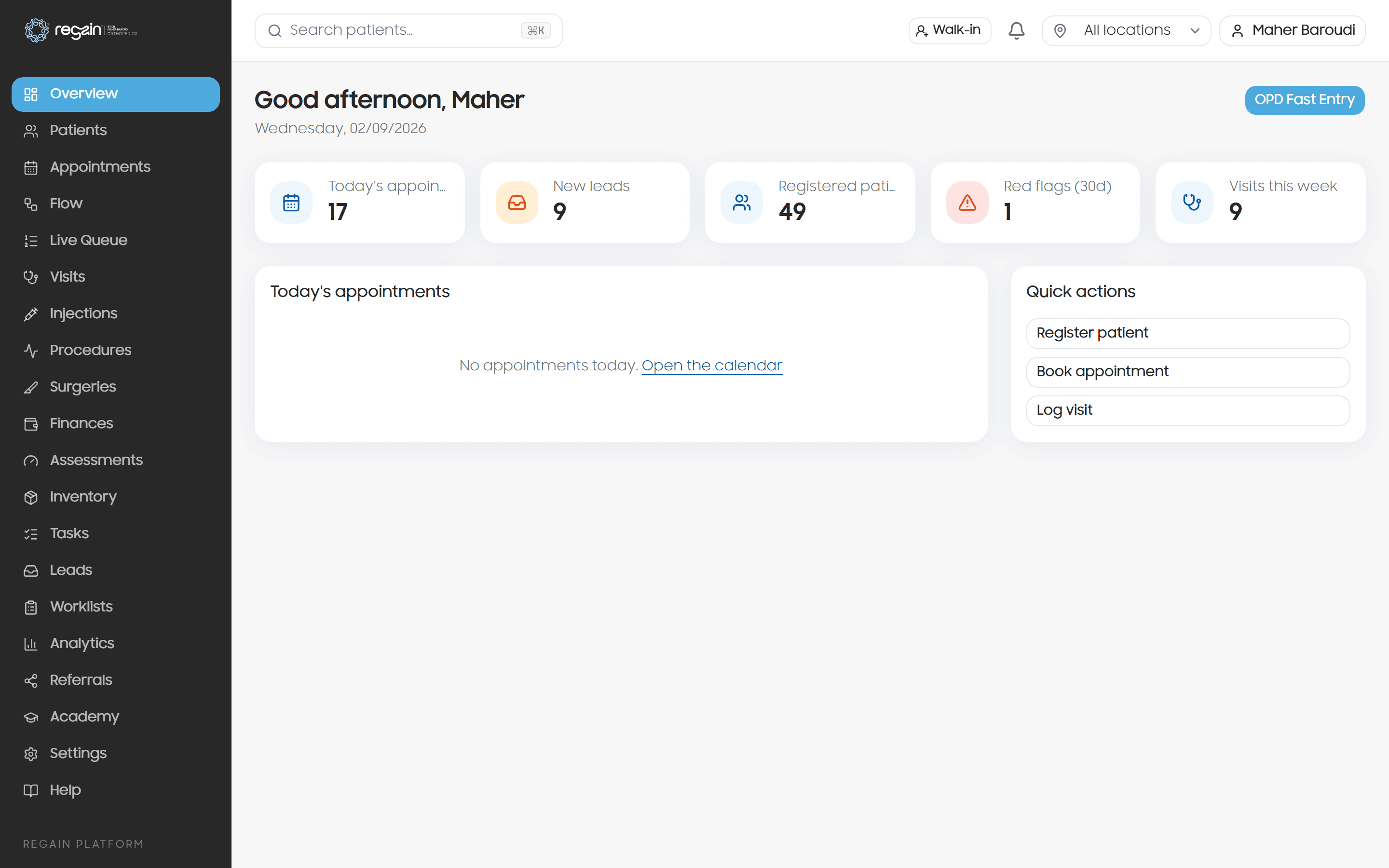 REGAIN clinical management dashboard showing patient flow through the clinic