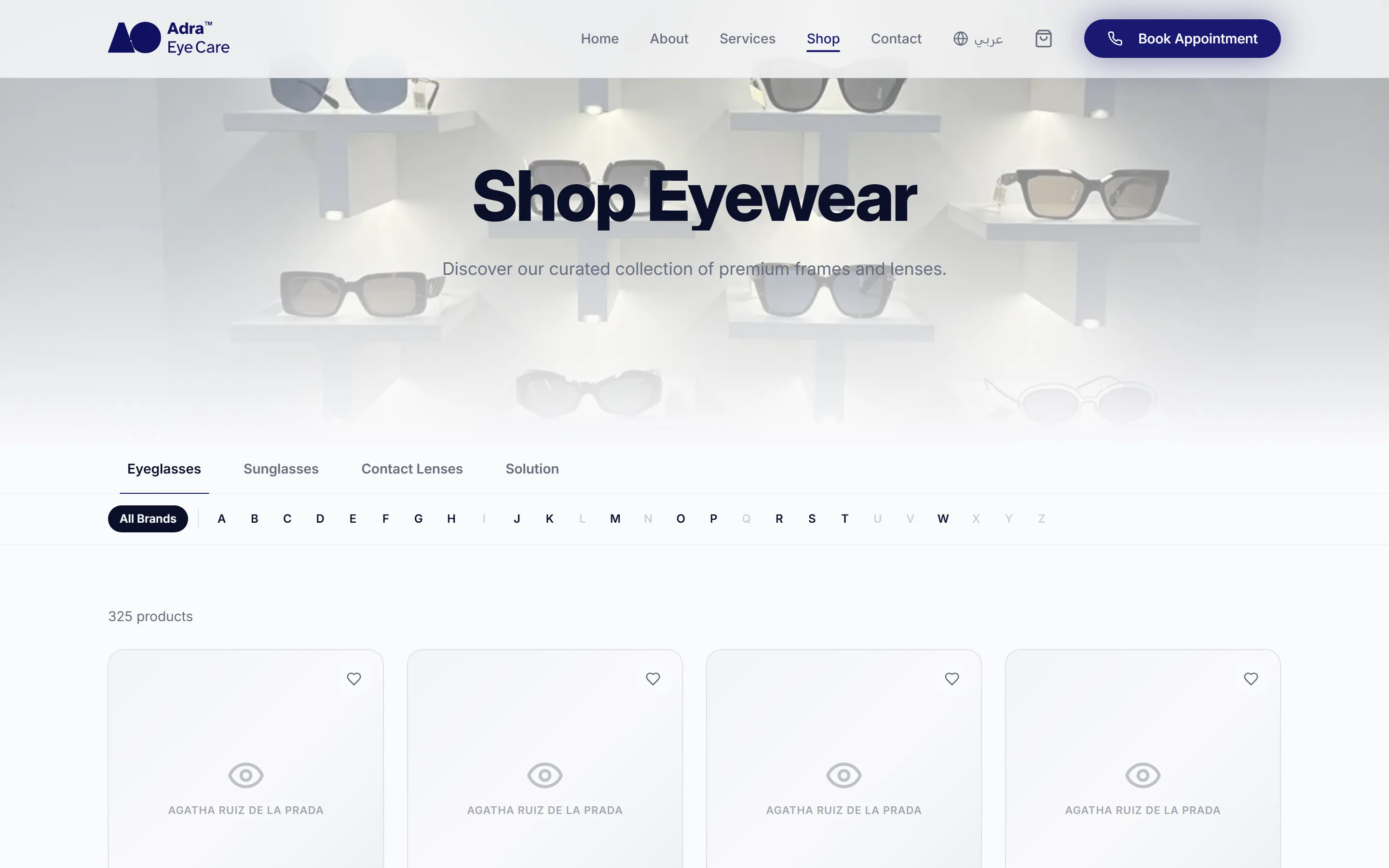 Adra Eye Care eyewear shop page