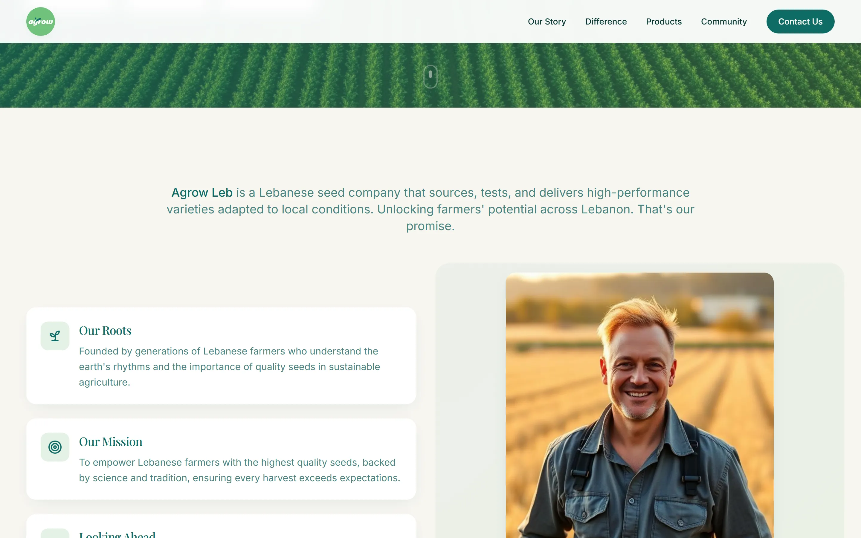 Agrow Lebanon website section setting out the company's roots and mission