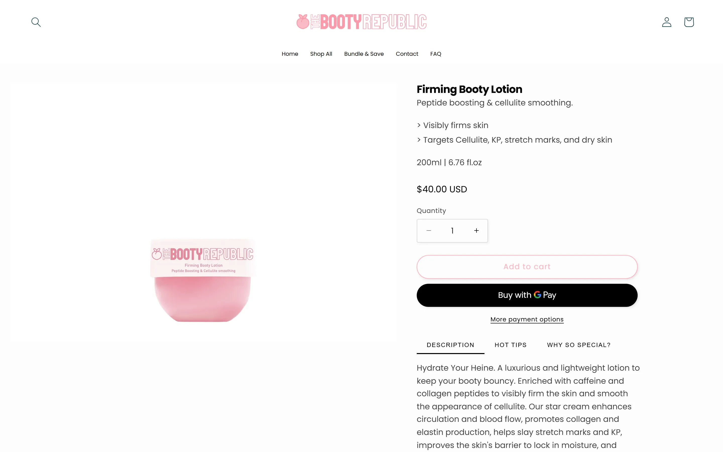 The Booty Republic product page for the firming booty lotion