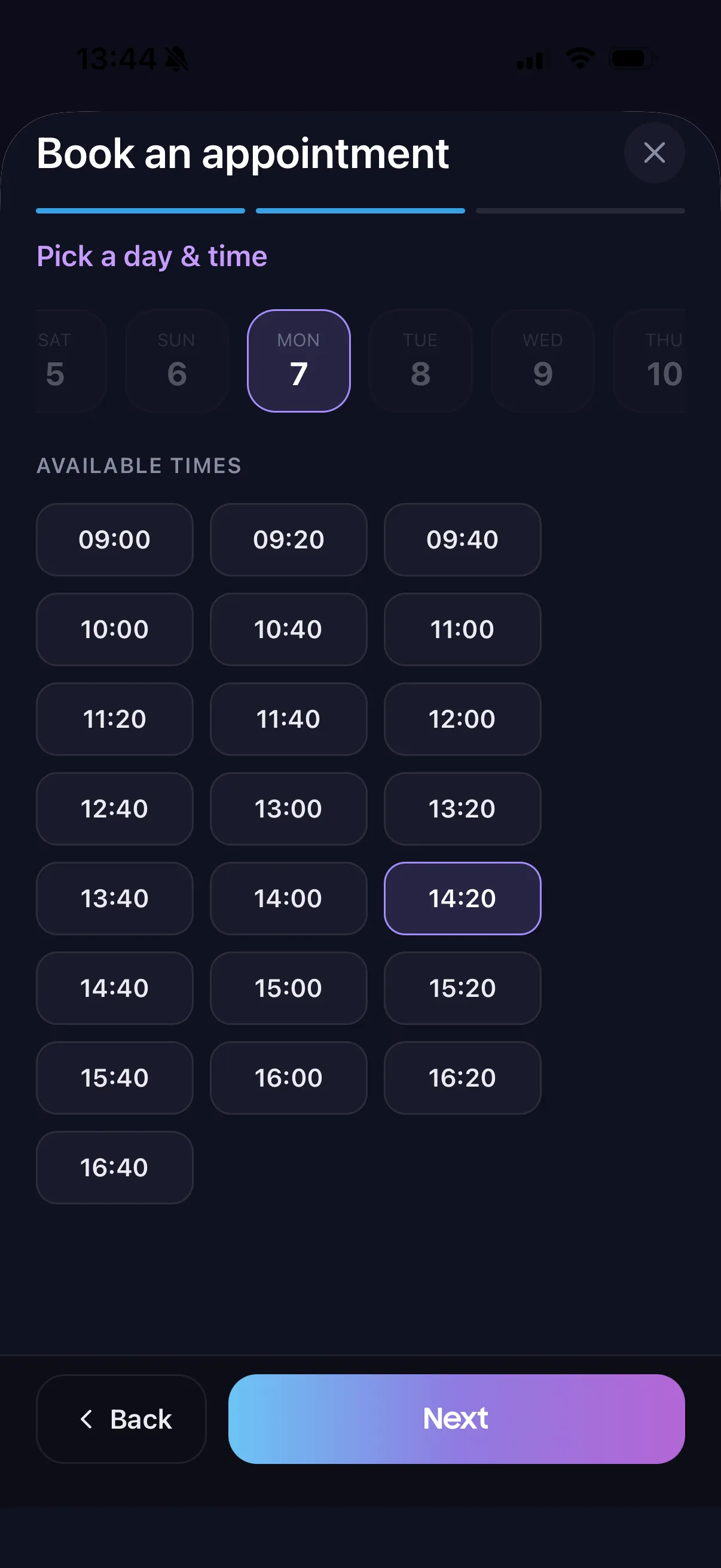 REGAIN patient app booking screen showing available appointment times for a chosen day