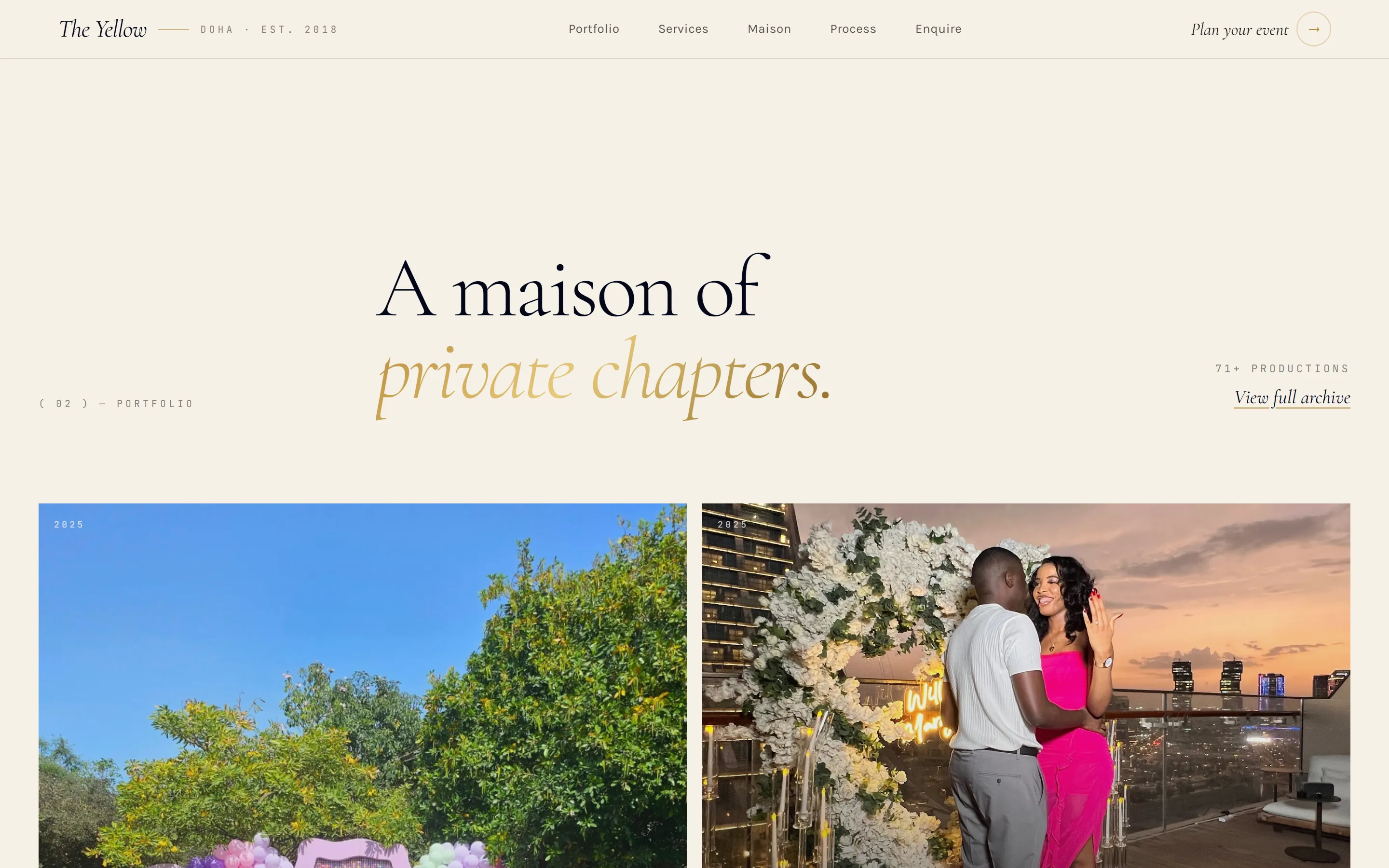 The Yellow Events portfolio archive listing named commissions by venue and year